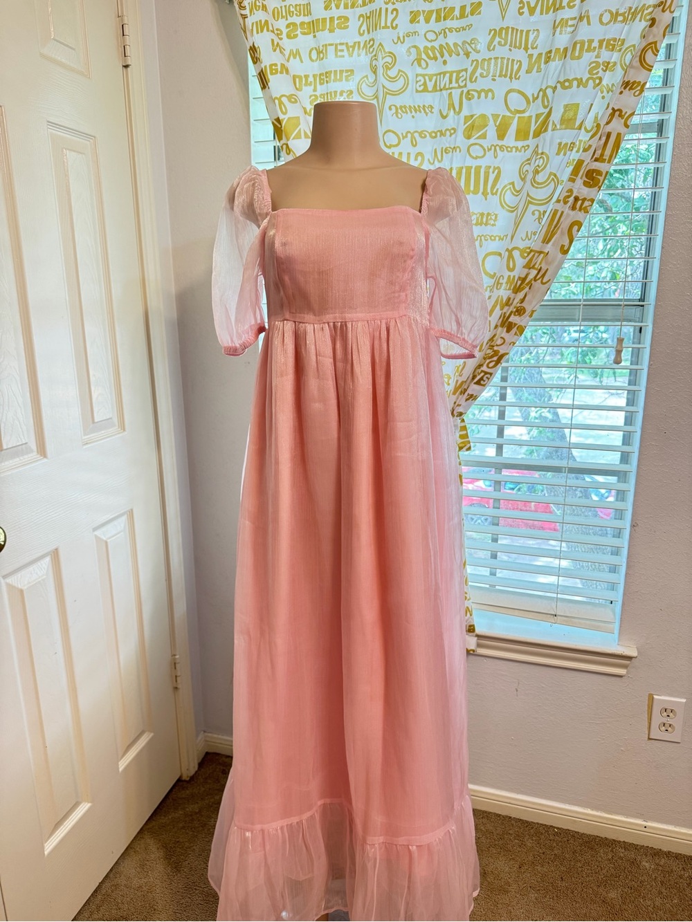 Elegant One-Shoulder Pink Maxi Dress with Sheer Puff Sleeve